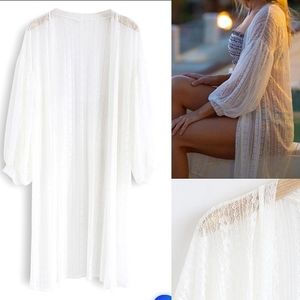 Chicwish lace longline open front white kimono cover up white bubble sleeves S-M
